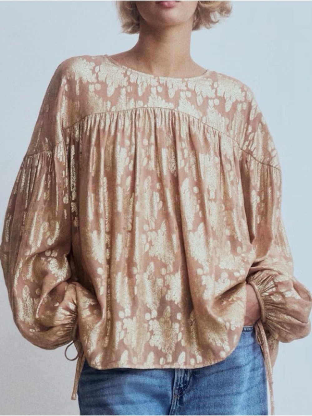 HNM Beige Gold Metallic Jacquard Bishop Style Blouse S